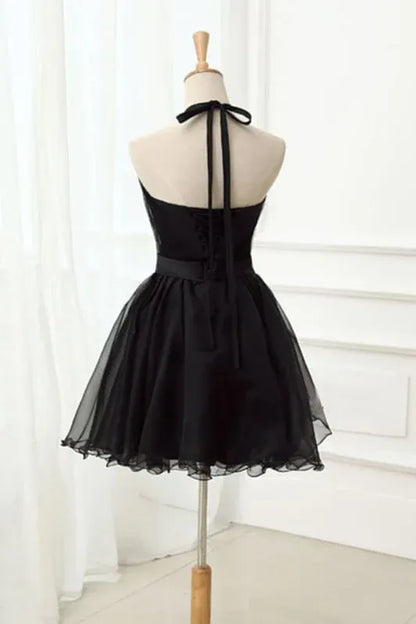 Elegant A-Line Halter Neck Rhinestone Tulle Black Short Homecoming Dress for Women