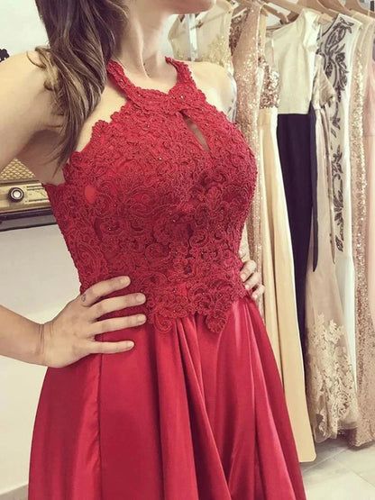 A-Line Lace Long Red Prom Dresses Sheath Halter Formal Graduation Dresses