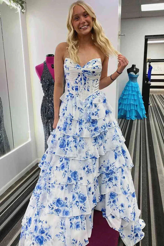 A-Line Long V-Neck Tiered Print Prom Dress Blue Strapless