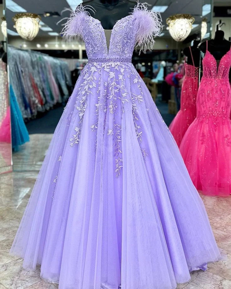 A-Line Off-the-Shoulder Lilac Lace Prom Dresses Appliques Feathers
