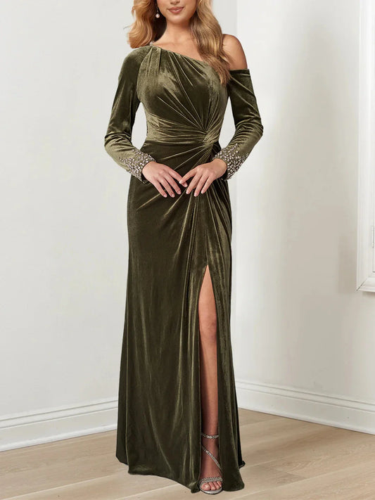 A-Line Princess Asymmetrical Neckline Floor-Length Mother of the Bride Dresses with Beaded Cuffs