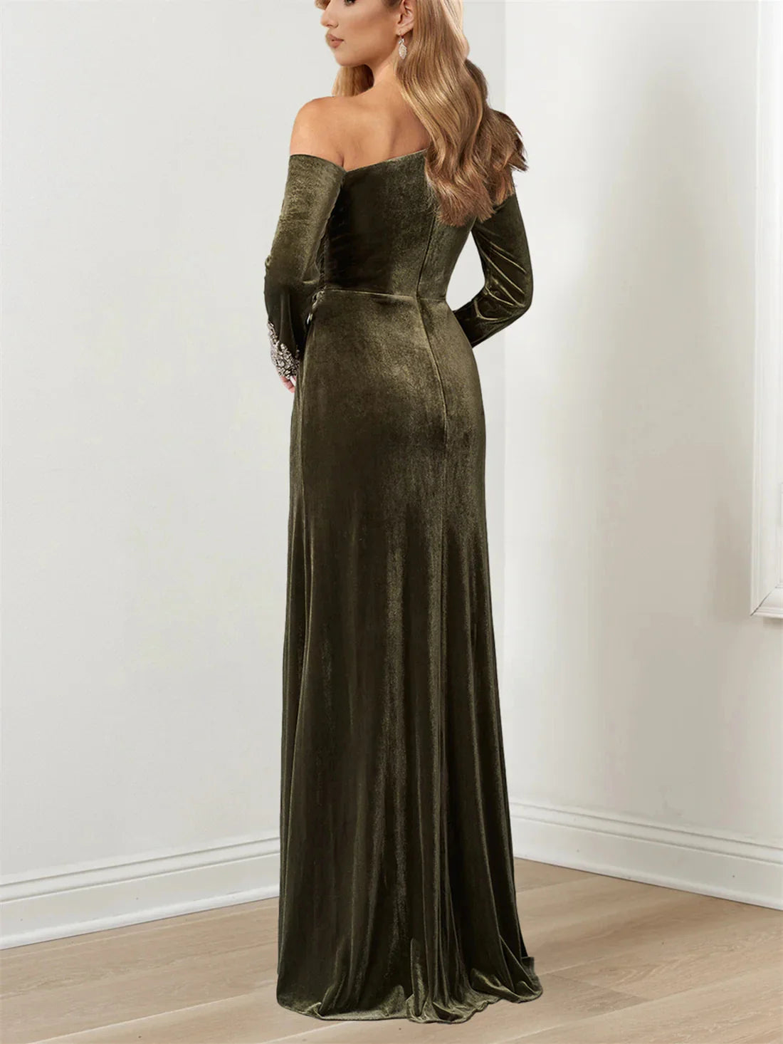 A-Line Princess Asymmetrical Neckline Floor-Length Mother of the Bride Dresses with Beaded Cuffs