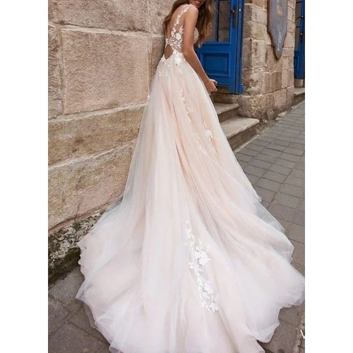A-Line Princess Beach Wedding Dress V Neck Sleeveless with Appliques