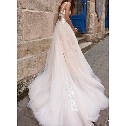 A-Line Princess Beach Wedding Dress V Neck Sleeveless with Appliques