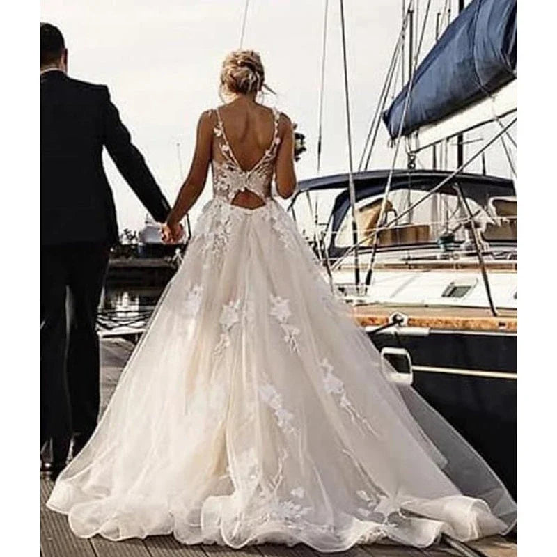 A-Line Princess Beach Wedding Dress V Neck Sleeveless with Appliques