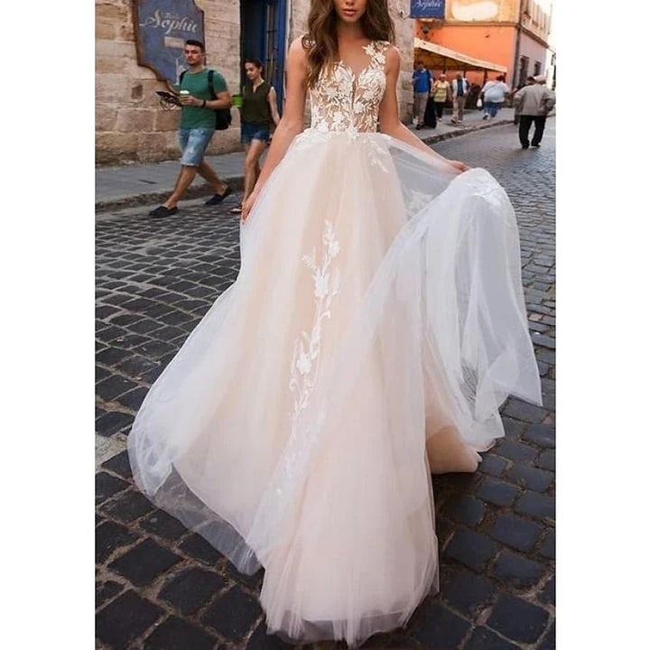 A-Line Princess Beach Wedding Dress V Neck Sleeveless with Appliques