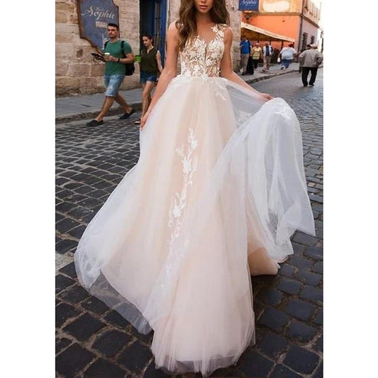 A-Line Princess Beach Wedding Dress V Neck Sleeveless with Appliques