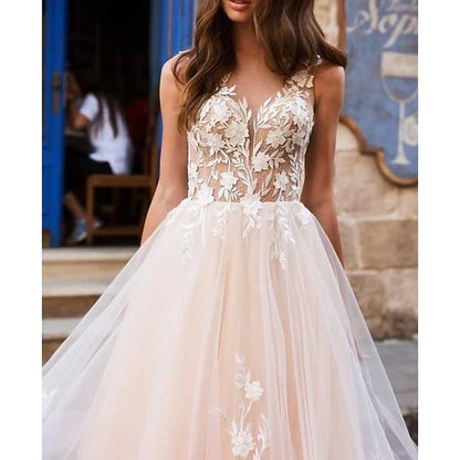 A-Line Princess Beach Wedding Dress V Neck Sleeveless with Appliques