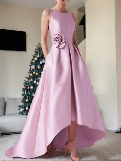 A-Line Princess Boat Neck Sleeveless Floor-Length Prom Dresses with Pocket