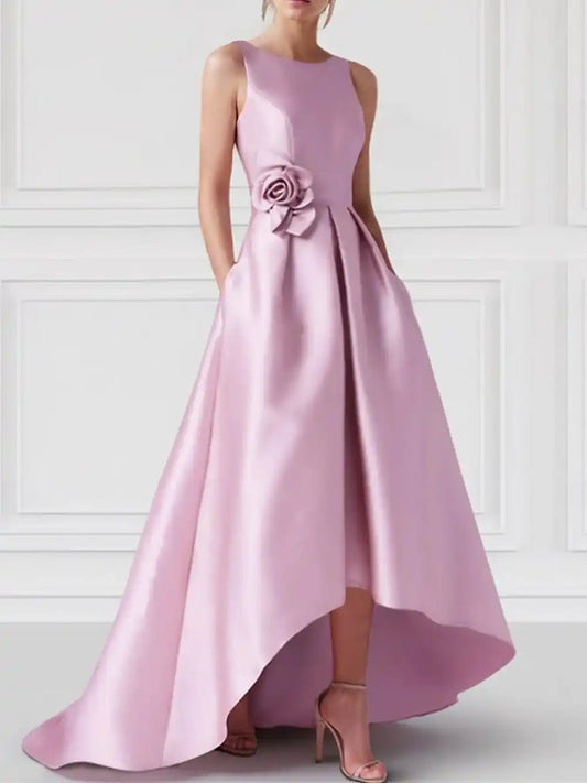 A-Line Princess Boat Neck Sleeveless Floor-Length Prom Dresses with Pocket