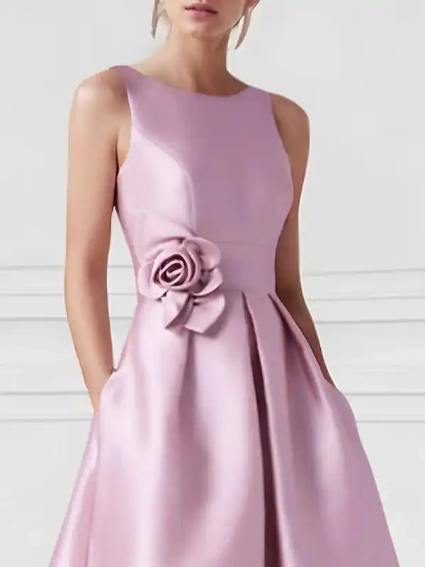 A-Line Princess Boat Neck Sleeveless Floor-Length Prom Dresses with Pocket
