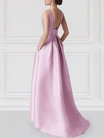 A-Line Princess Boat Neck Sleeveless Floor-Length Prom Dresses with Pocket