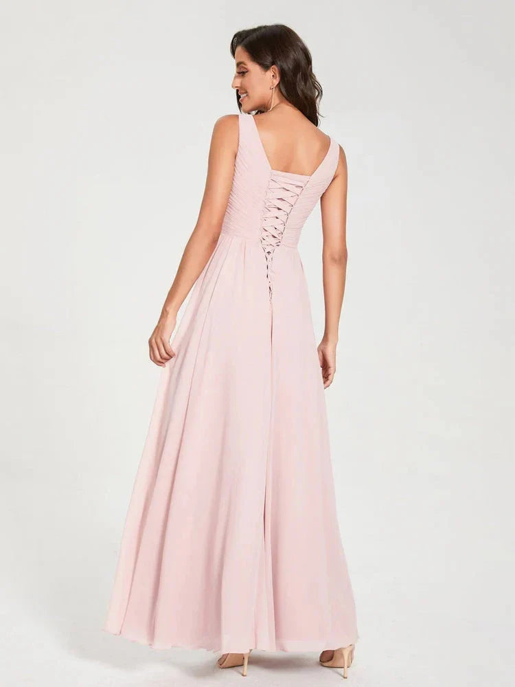 A-Line Princess Chiffon V-Neck Sleeveless Floor-Length Bridemaid Dresses With Pleats