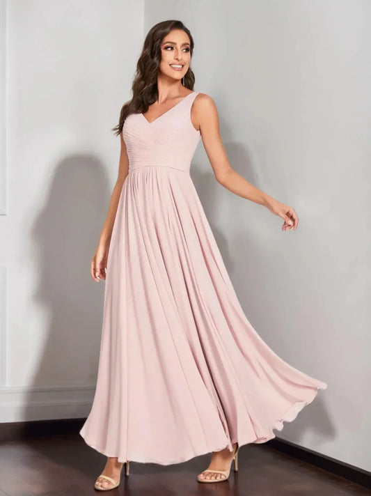 A-Line Princess Chiffon V-Neck Sleeveless Floor-Length Bridemaid Dresses With Pleats