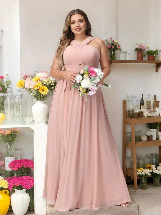 A-Line Princess Criss Cross Sleeveless Chiffon Plus Size Bridesmaid Dresses with Sash