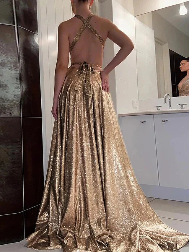 A-Line Princess Halter Floor-length Prom Dresses