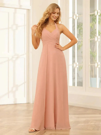 A-Line Princess Halter Sleeveless Floor-Length Bridesmaid Dresses with Split Side