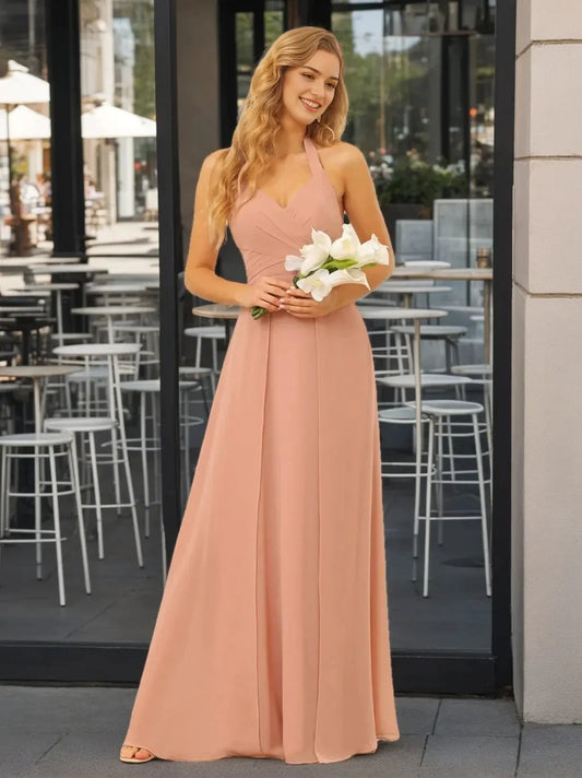 A-Line Princess Halter Sleeveless Floor-Length Bridesmaid Dresses with Split Side