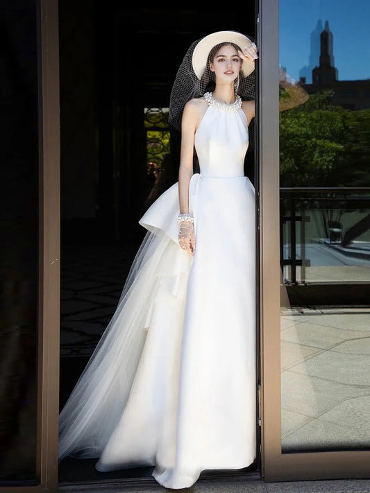 A-Line Princess Halter Sleeveless Floor-Length Wedding Dresses with Jewel Appliques & 3D Flowers