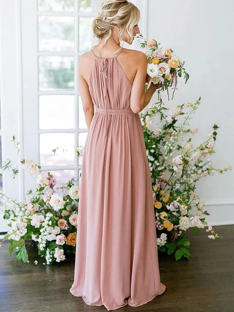 A-Line Princess Halter Sleeveless Spaghetti Floor-Length Bridesmaid Dresses with Pockets