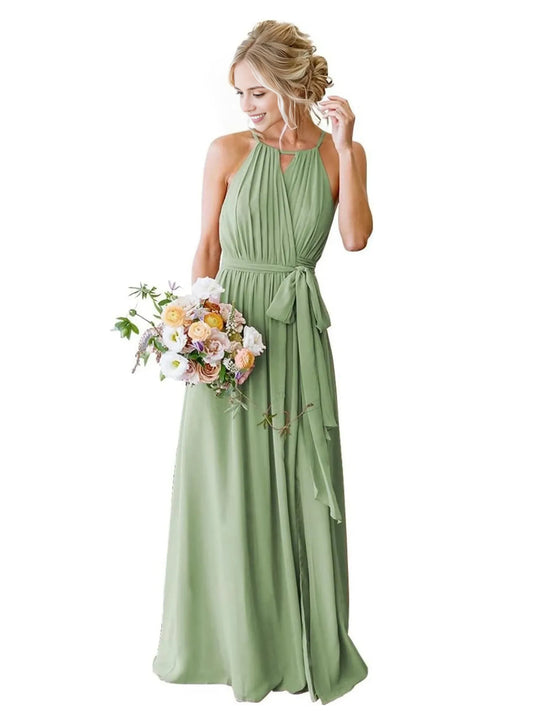 A-Line Princess Halter Sleeveless Spaghetti Floor-Length Bridesmaid Dresses with Pockets