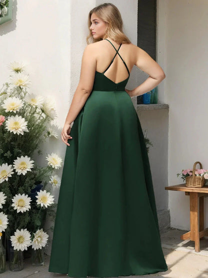 A-Line Princess High Neck Sleeveless Floor-Length Satin Plus Size Bridesmaid Dresses with Split Side