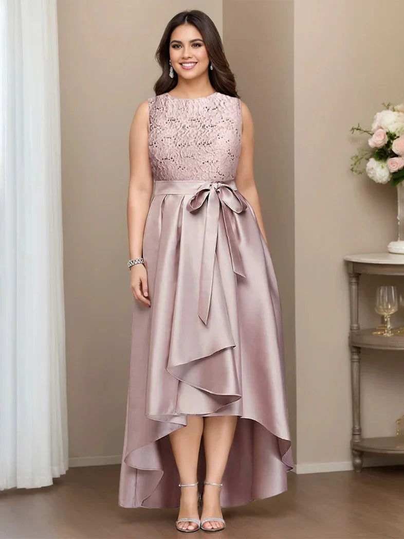 A-Line Princess Jewel Neck Sleeveless Asymmetrical Plus Size Mother Of The Bride Dresses With Pleats