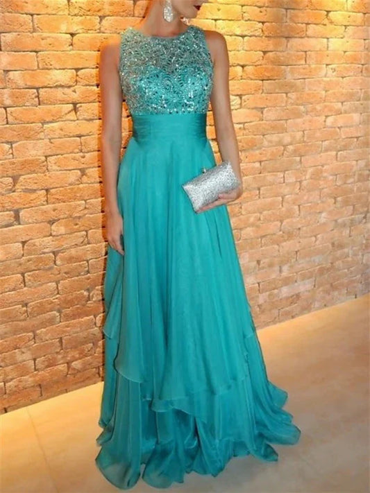 A-Line Princess Jewel Neck Sleeveless Floor-Length Evening Dresses