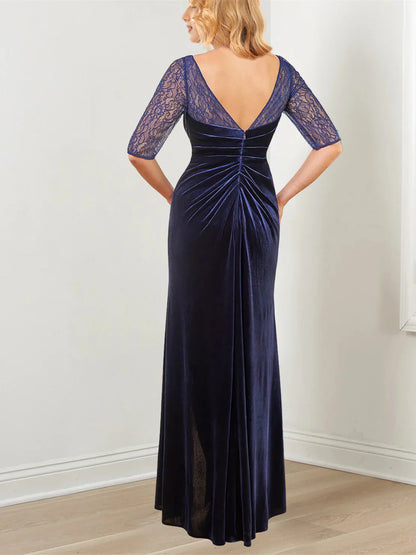 A-Line Princess Lace Half Sleeves Floor-Length Evening Dresses