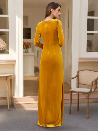 A-Line Princess Long Sleeves Floor-Length Velvet Bridesmaid Dresses with Ruffles