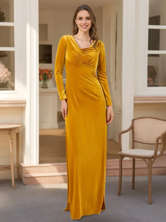 A-Line Princess Long Sleeves Floor-Length Velvet Bridesmaid Dresses with Ruffles