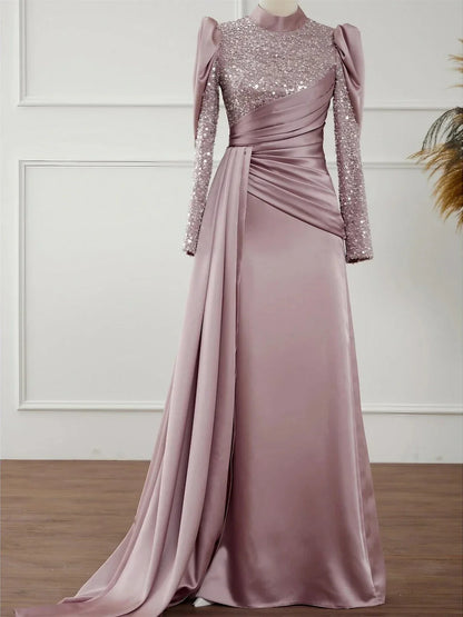 A-Line Princess Long Sleeves Jewel Neck Evening Dresses With Glitter Pleats Ruched