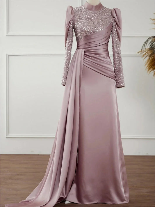 A-Line Princess Long Sleeves Jewel Neck Evening Dresses With Glitter Pleats Ruched