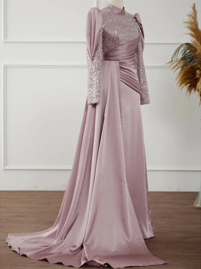 A-Line Princess Long Sleeves Jewel Neck Evening Dresses With Glitter Pleats Ruched