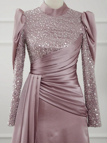 A-Line Princess Long Sleeves Jewel Neck Evening Dresses With Glitter Pleats Ruched