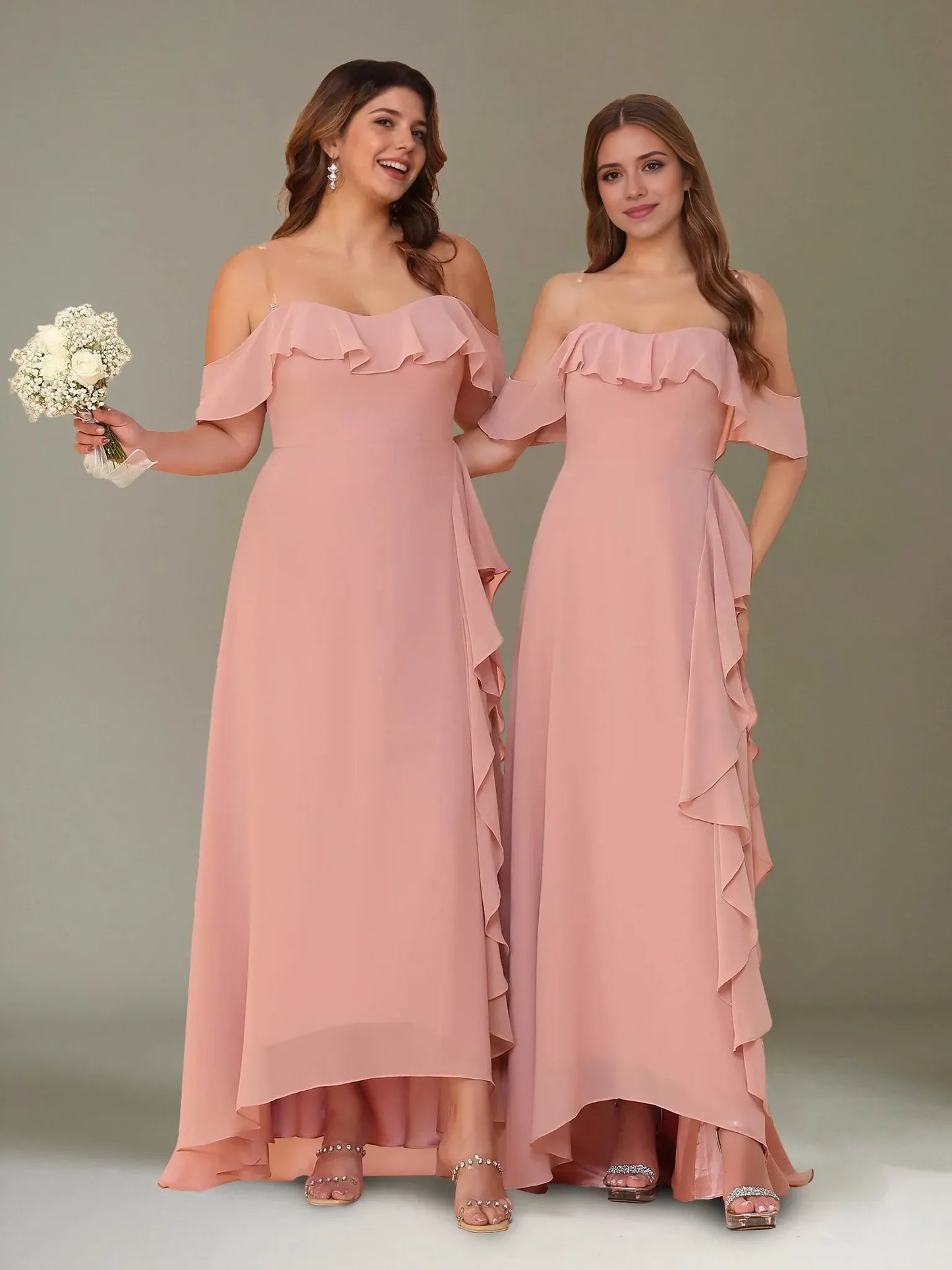 A-Line Princess Off-the-Shoulder Asymmetrical Chiffon Bridesmaid Dresses with Ruffles
