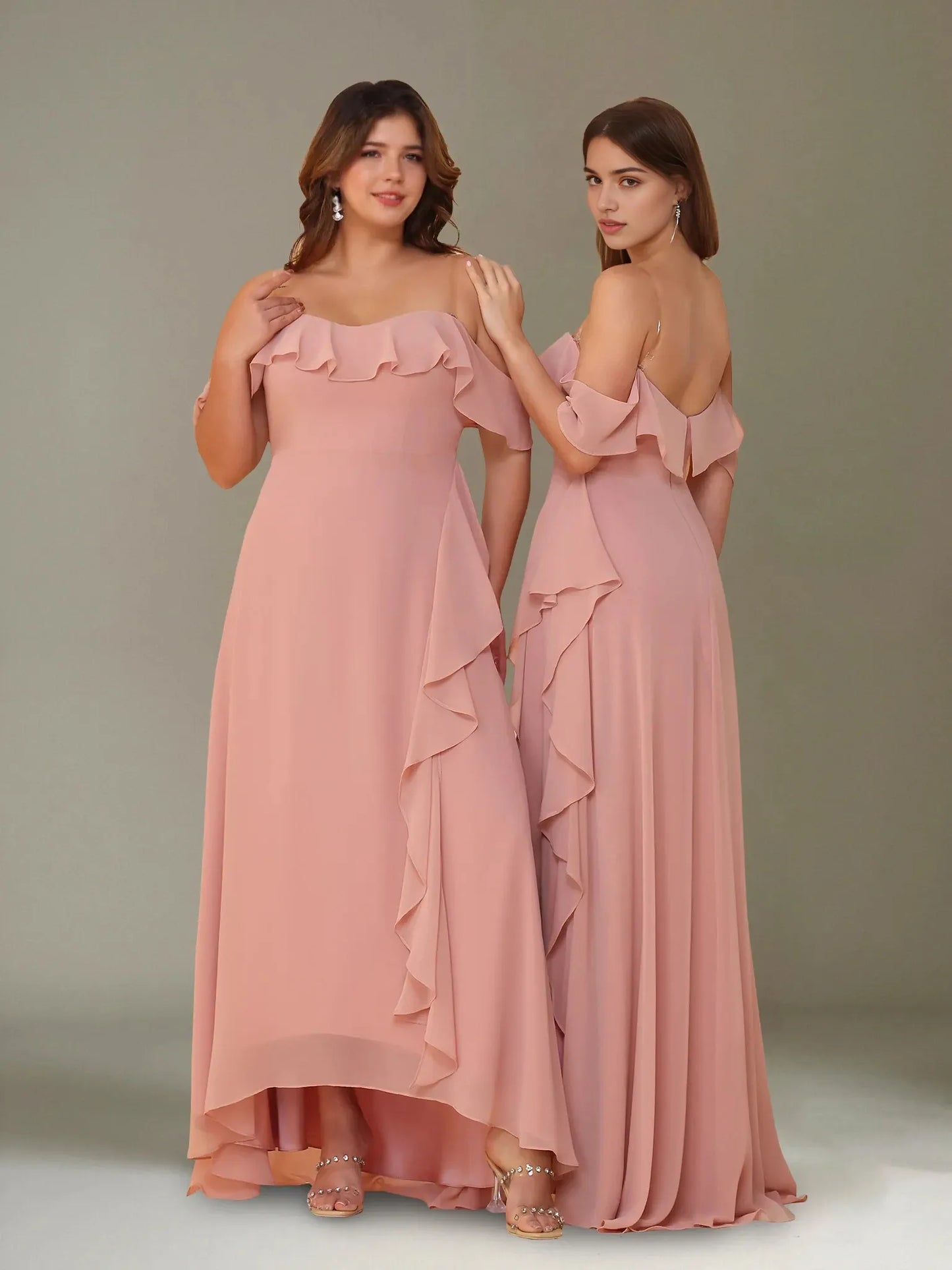 A-Line Princess Off-the-Shoulder Asymmetrical Chiffon Bridesmaid Dresses with Ruffles