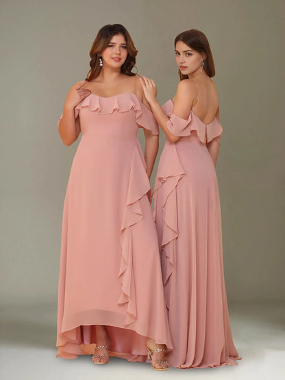 A-Line Princess Off-the-Shoulder Asymmetrical Chiffon Bridesmaid Dresses with Ruffles