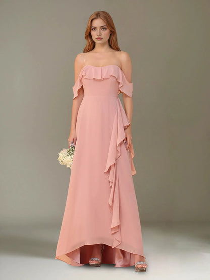 A-Line Princess Off-the-Shoulder Asymmetrical Chiffon Bridesmaid Dresses with Ruffles