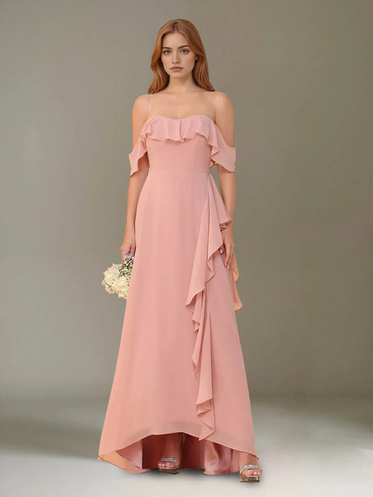A-Line Princess Off-the-Shoulder Asymmetrical Chiffon Bridesmaid Dresses with Ruffles