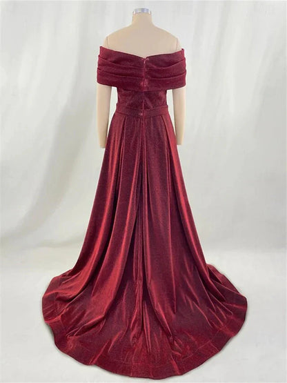 A-Line Princess Off-the-Shoulder Court Train Evening Dresses with Sequin