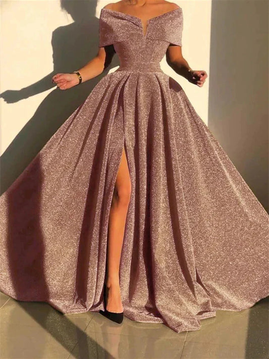 A-Line Princess Off-the-Shoulder Court Train Evening Dresses with Sequin