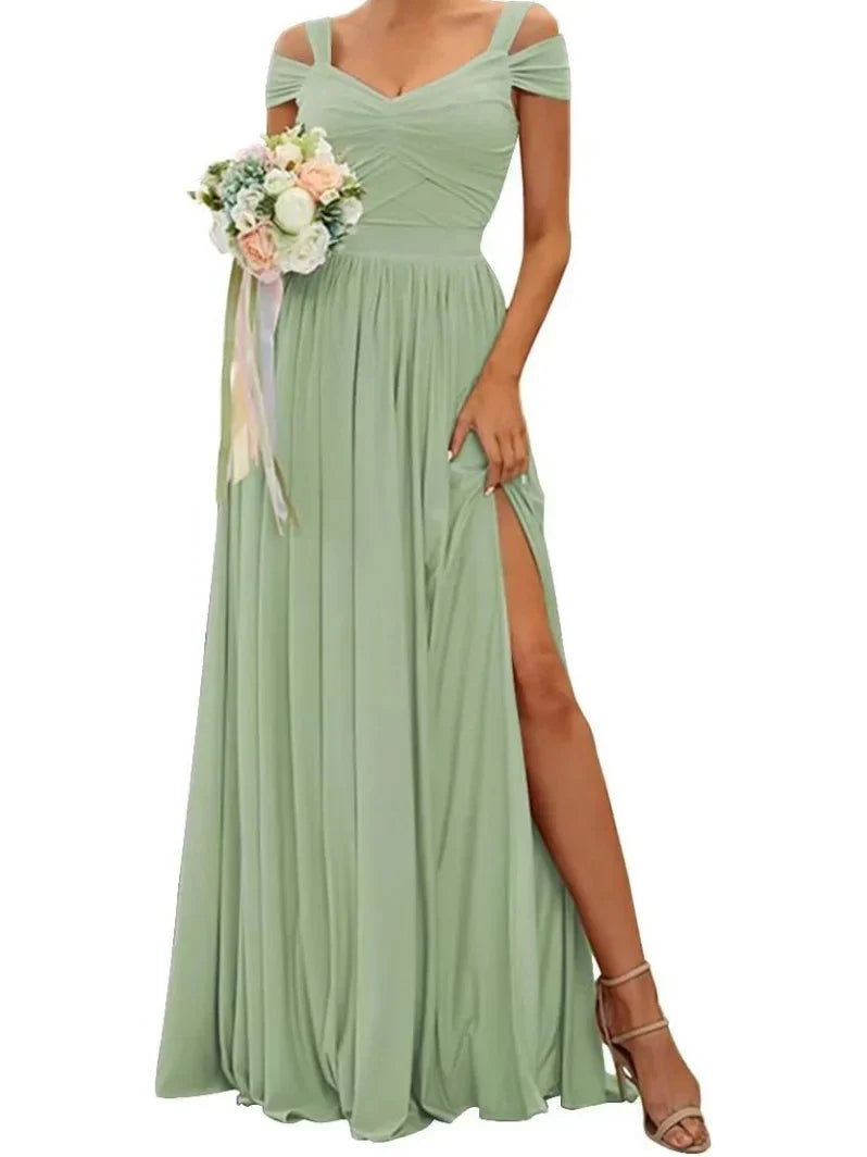 A-Line Princess Off-the-Shoulder Floor-Length Bridesmaid Dresses with Slit