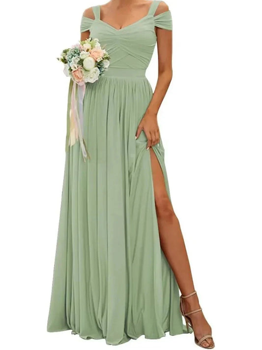 A-Line Princess Off-the-Shoulder Floor-Length Bridesmaid Dresses with Slit