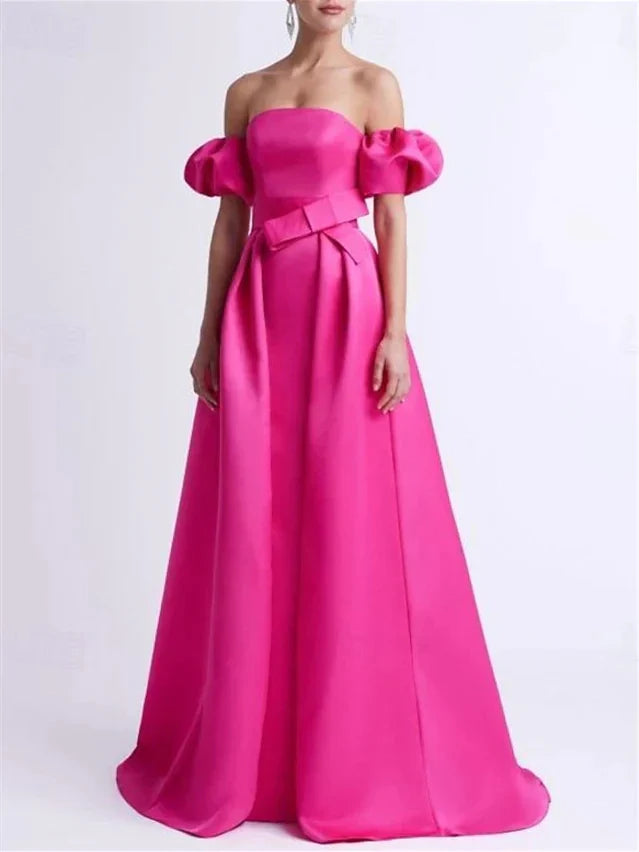 A-Line Princess Off-the-Shoulder Floor-Length Evening Dresses with Bow(s)