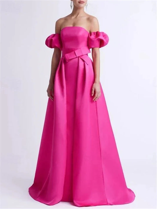 A-Line Princess Off-the-Shoulder Floor-Length Evening Dresses with Bow(s)
