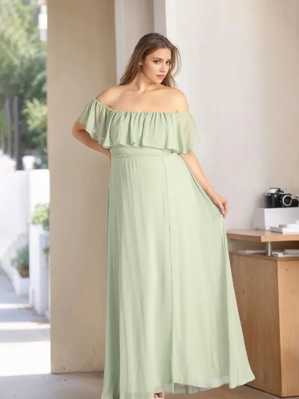 A-Line Princess Off-the-Shoulder Floor-Length Plus Size Chiffon Bridesmaid Dresses with Ruffles