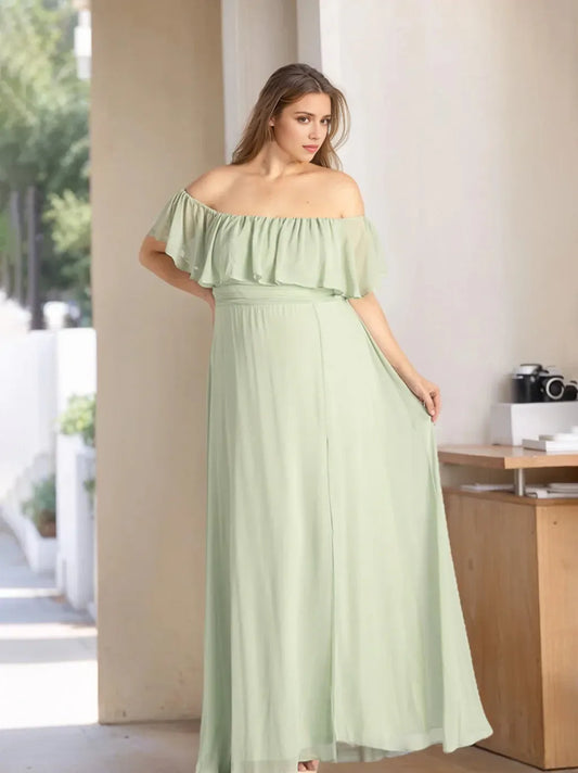 A-Line Princess Off-the-Shoulder Floor-Length Plus Size Chiffon Bridesmaid Dresses with Ruffles