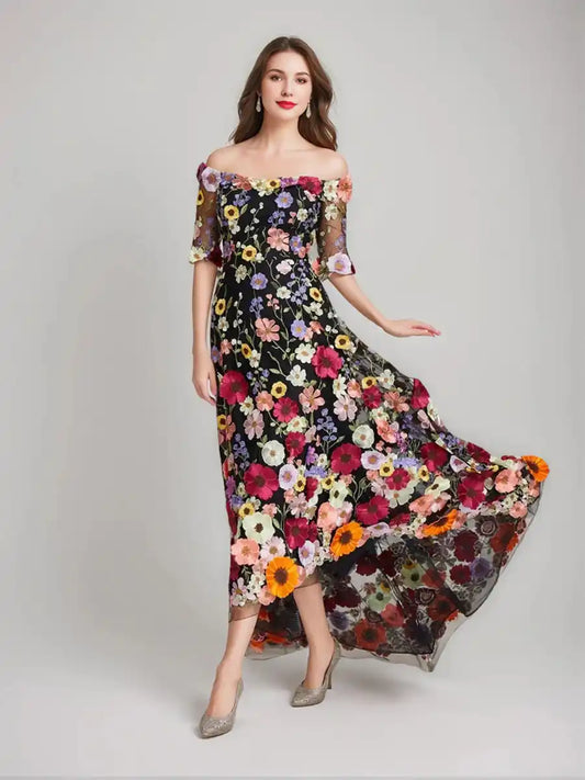 A-Line Princess Off-the-Shoulder Half Sleeves Printed Floral Evening Dresses