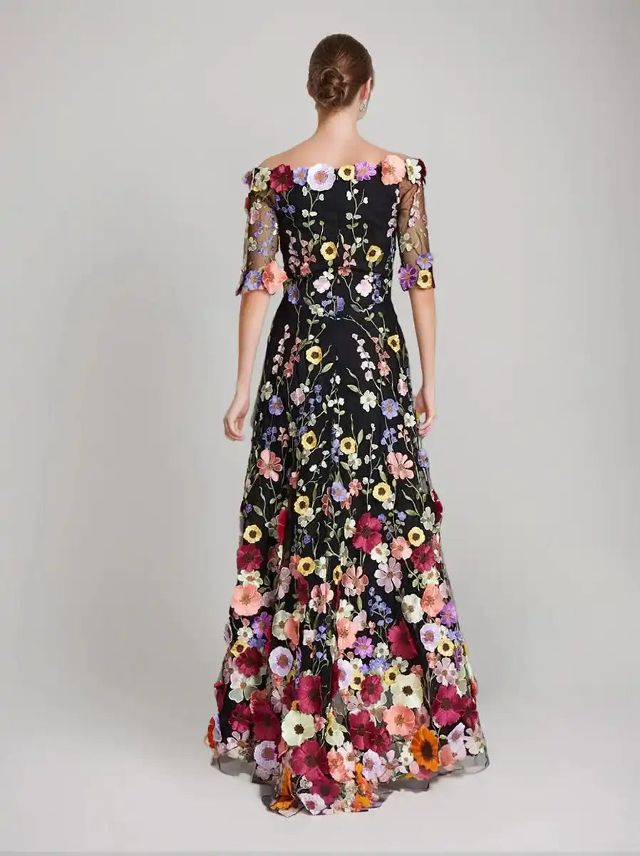 A-Line Princess Off-the-Shoulder Half Sleeves Printed Floral Evening Dresses